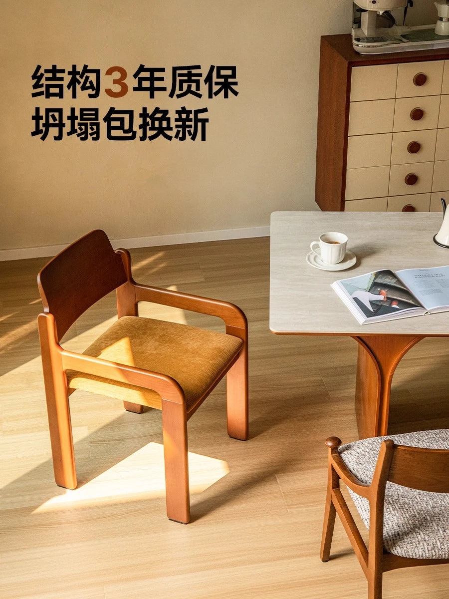 French retro solid wood dining chair home simple designer chair bedroom fabric medieval backrest single chair