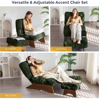 Green Upholstered Adjustable Reclining Chair with Ottoman for Living Room and Reading