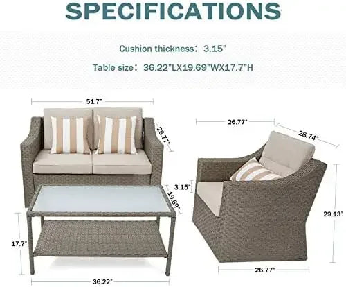 Outdoor Patio Furniture Conversation Set Rattan Wicker Chairs and Glass Top Table All-Weather and Thick Cushions