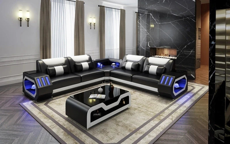 European Design Style LED Electric Sectional Sofa Set Top Microfiber Leather Home Furniture For Luxury Villa Living