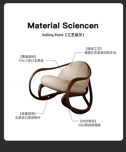 Italian leather sofa, solid wood black walnut balcony, leisure lounge chair, living room rocking chair