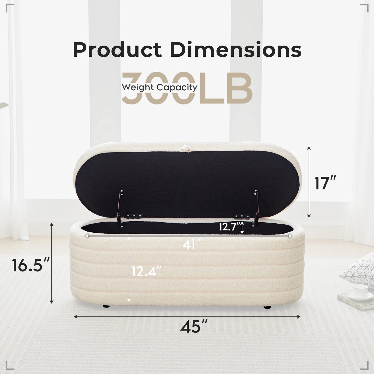 TODRANI 45" Storage Ottoman Bench, 300 Lb Capacity Teddy Upholstered, Safety Hinge, Flip-Top Oval Foot Rest With Foot Pads