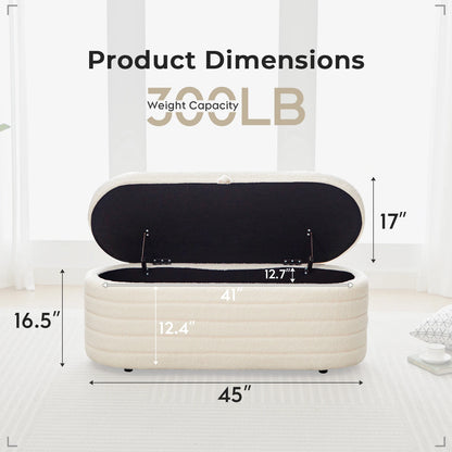 TODRANI 45" Storage Ottoman Bench, 300 Lb Capacity Teddy Upholstered, Safety Hinge, Flip-Top Oval Foot Rest With Foot Pads