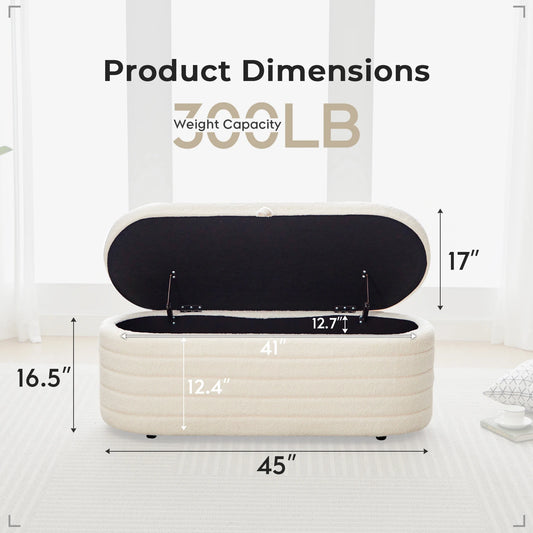 TODRANI 45" Storage Ottoman Bench, 300 Lb Capacity Teddy Upholstered, Safety Hinge, Flip-Top Oval Foot Rest With Foot Pads