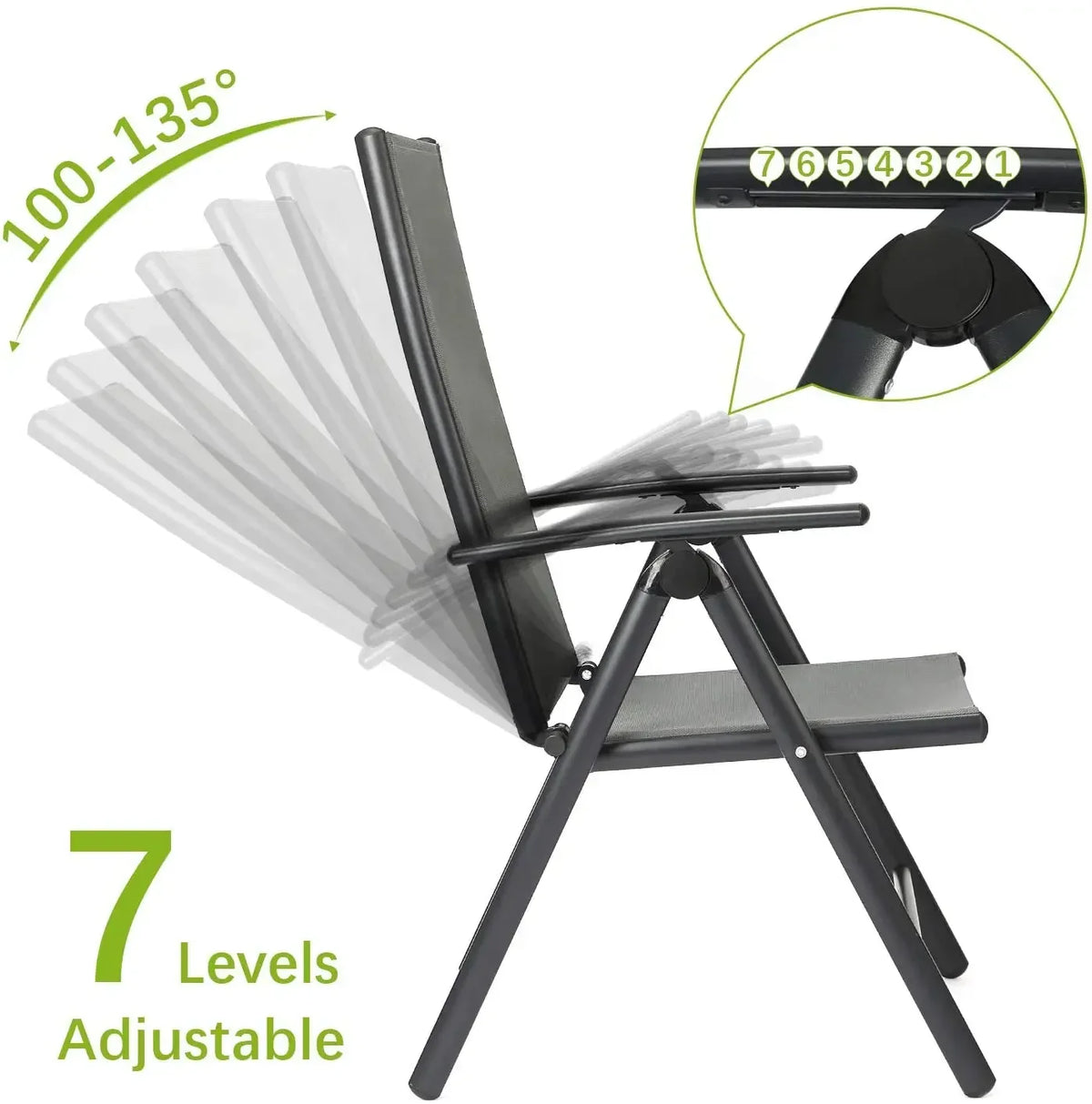 2PCS Foldable Lounge Chair Patio Folding Dining Chairs Aluminum Padded Adjustable High Back Lightweight Lawn Chair, Load 120kg
