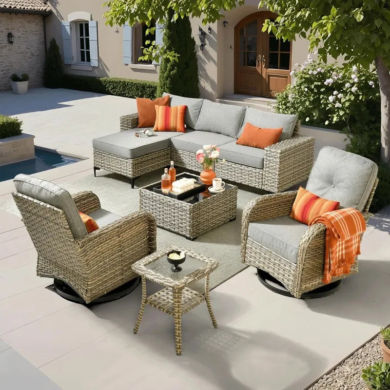 8 Pieces Patio Furniture Set Outdoor Sectional Sofa Couch with Rocking Swivel Chairs Deep Seat Chaise Comfy Cushions, Mode