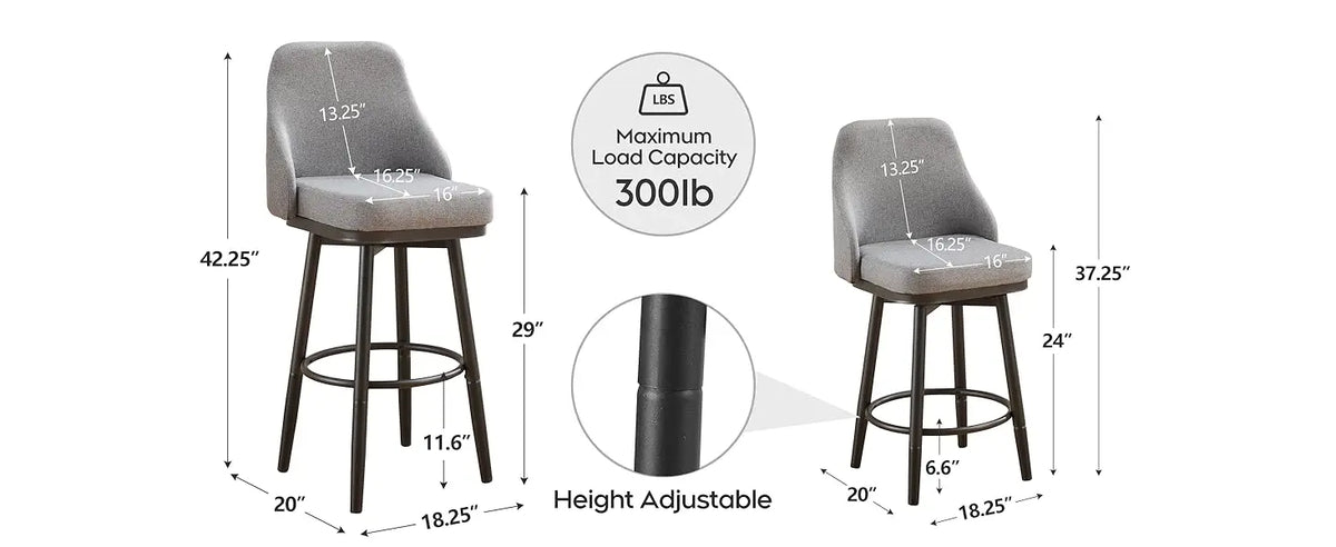2PCS Chenille  Adjustable Height Swivel Bar Stools with Back, Modern Tall Barstools For Kitchen Island, Dining Room, Cafe