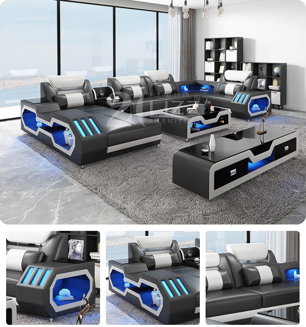 Modern Design Leather Couch Sectional Living Room Sofa Set Furniture with LED