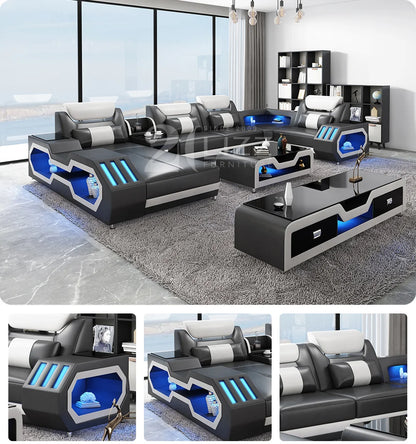 Modern Design Leather Couch Sectional Living Room Sofa Set Furniture with LED