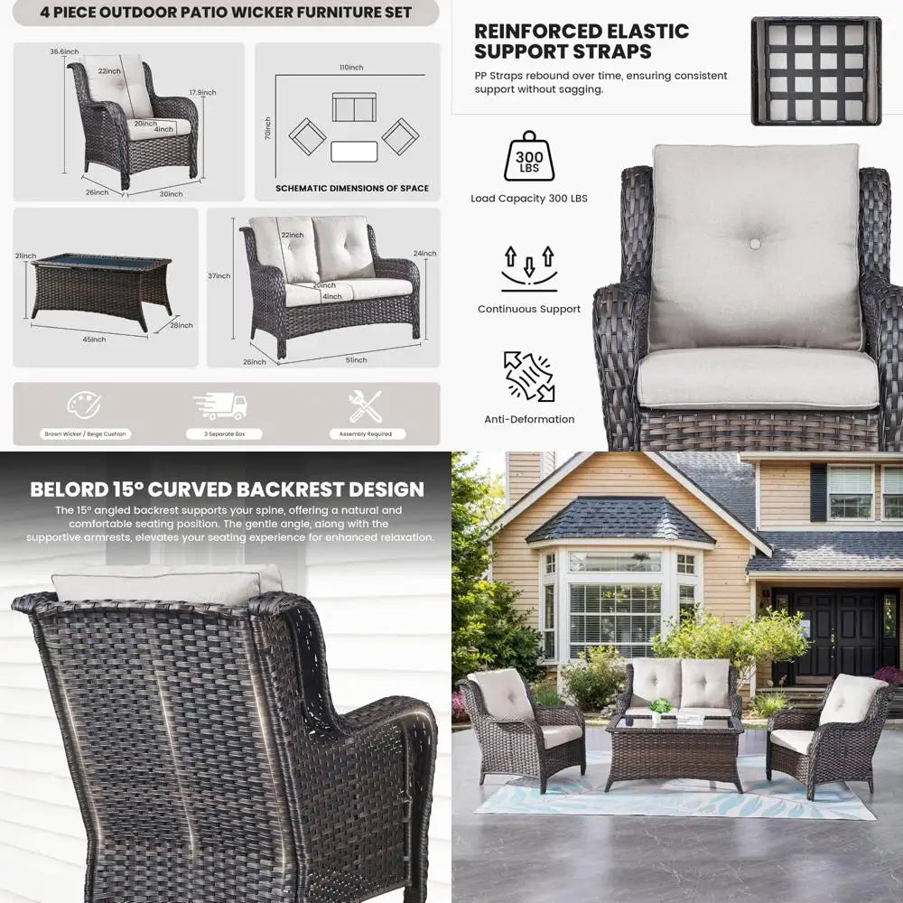 outdoor patio furniture set: 4-piece wicker loveseat, sofa, and chairs with coffee table