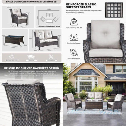 outdoor patio furniture set: 4-piece wicker loveseat, sofa, and chairs with coffee table