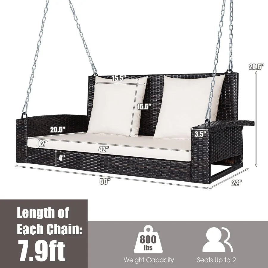 2Person Wicker Porch Swing Patiojoy Outdoor Rattan Hanging Swing Bench with 2 Back Cushions and 1 Seat Cushion Sturdy Steel Cha