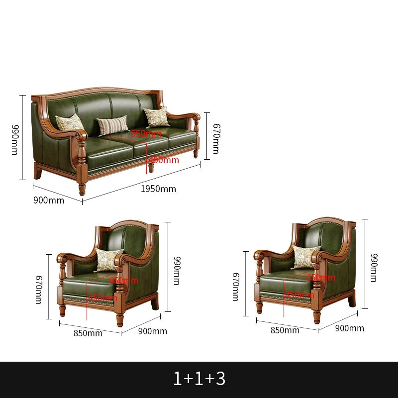 American leather sofa solid wood retro sofa 123 combination first layer cowhide living room villa