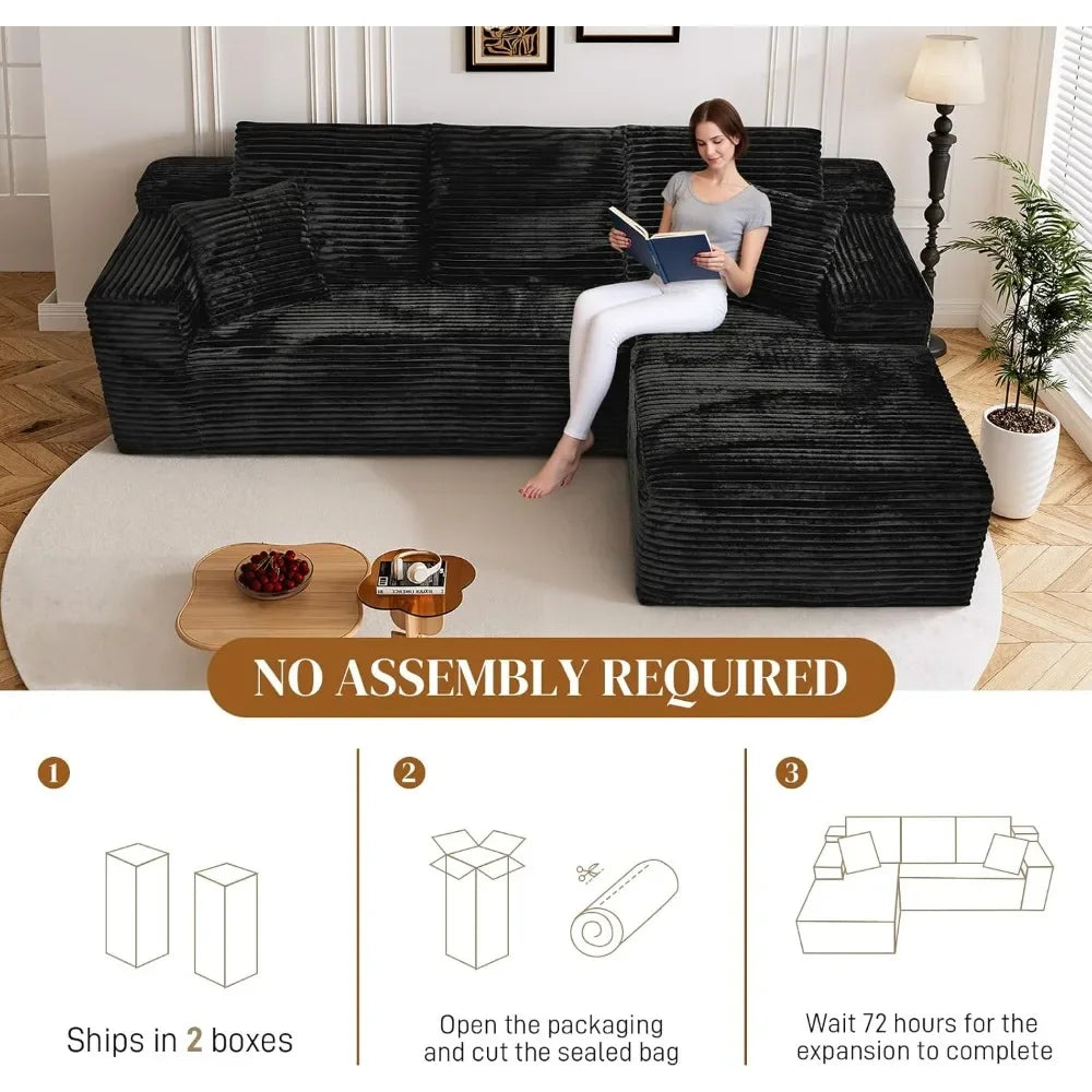 108" L Shaped Boneless Sectional Couches for Living Room, Comfy Corduroy Floor Cloud Sofa with Chaise, Wide Armrest, Deep Seat