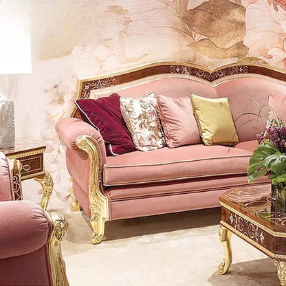 European luxury solid wood carving flower sofa French parquet fabric sofa coffee table combination