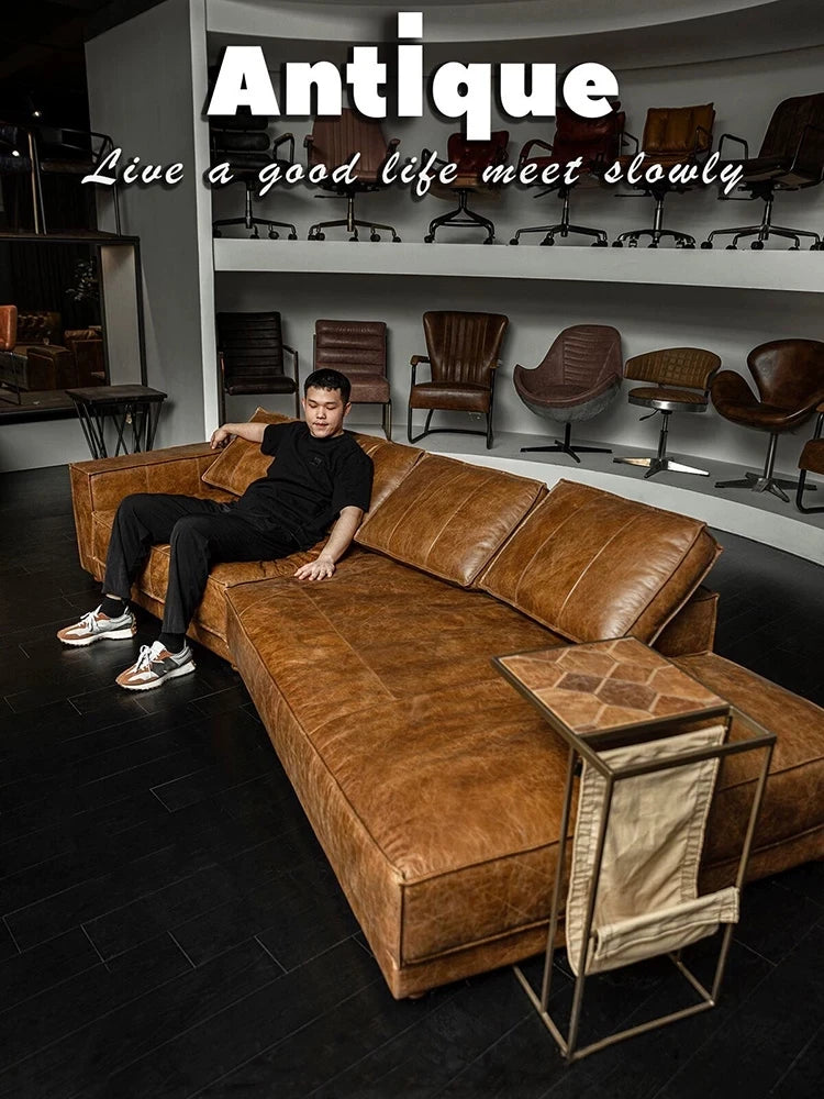Classic retro style living room Budapest sofa, second-hand bed and breakfast oil wax leather special-shaped sofa