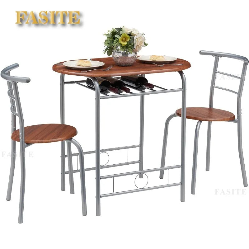 3 Piece Wood Round Table & Chair Set for Dining Room Kitchen Bar Breakfast, with Wine Storage Rack, Space Saving