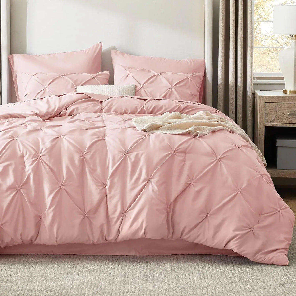Queen Comforter Set Pink Bed in a Bag Queen Size 7 Pieces GentleSoft™ Pintuck Bed Set Gift for Family Pinch Pleat Pink Comforter