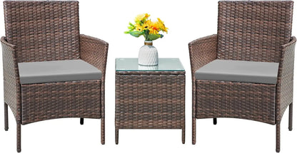 Set 3 Pieces All-Weather Rattan Outdoor Furniture Patio Chairs with Tempered Glass Table for Porch Bistro Balcony (Brown/Cream)