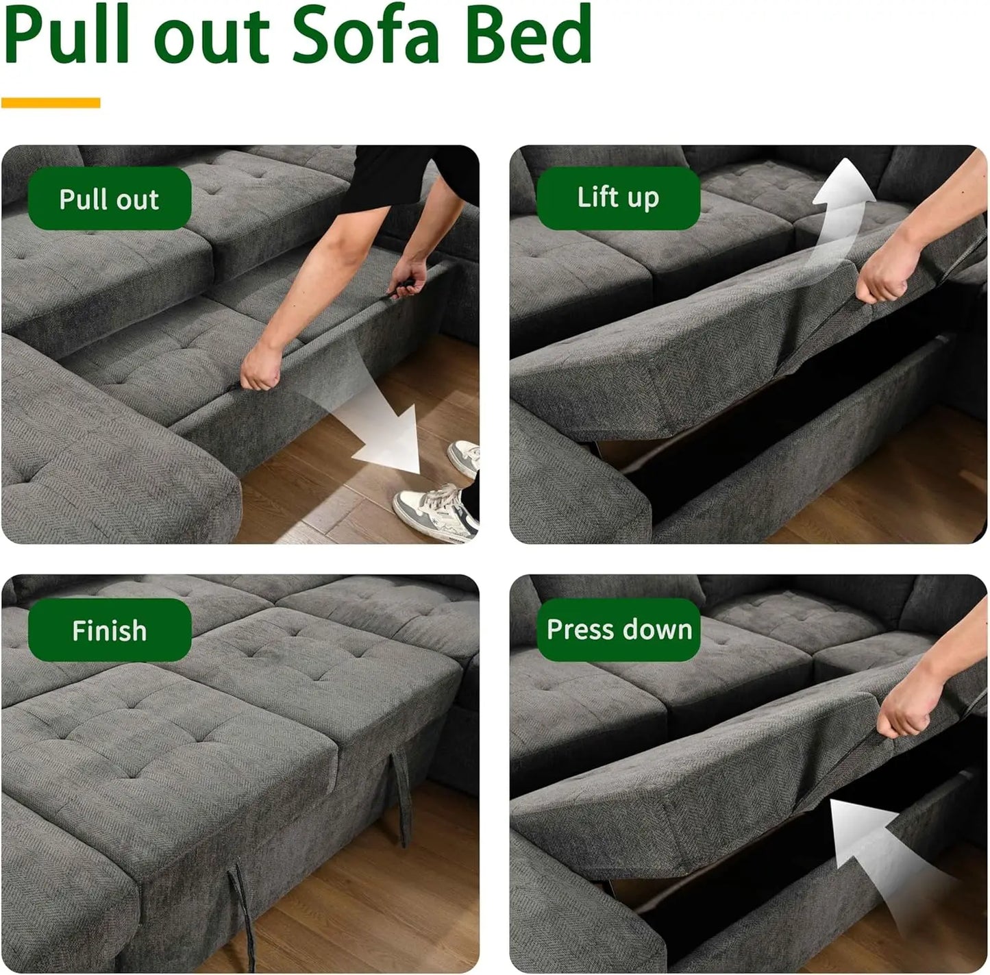 Sectional Sleeper Sofa Couch with Pull Out Bed and Storage Chaise, U Shape Sectionals Sofas, Oversized Sectionals Couches