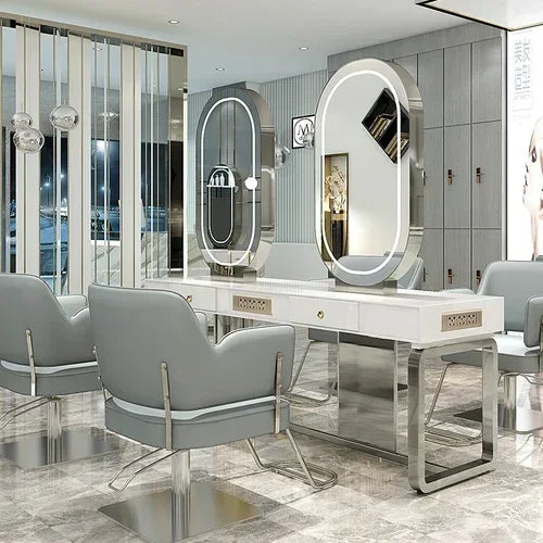 SS newBarber Shop Hair Salon Hair Salon with Socket Hot Dyeing with Light Stainless Steel Floor Dressing Table
