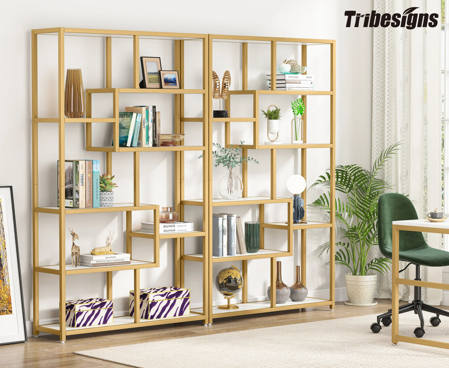 Tribesigns Bookshelf Bookcase, Gold 8-Open Shelf Etagere Bookcase with Faux Marble, Modern Book Shelves Display Shelf