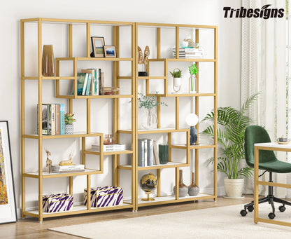 Tribesigns Bookshelf Bookcase, Gold 8-Open Shelf Etagere Bookcase with Faux Marble, Modern Book Shelves Display Shelf