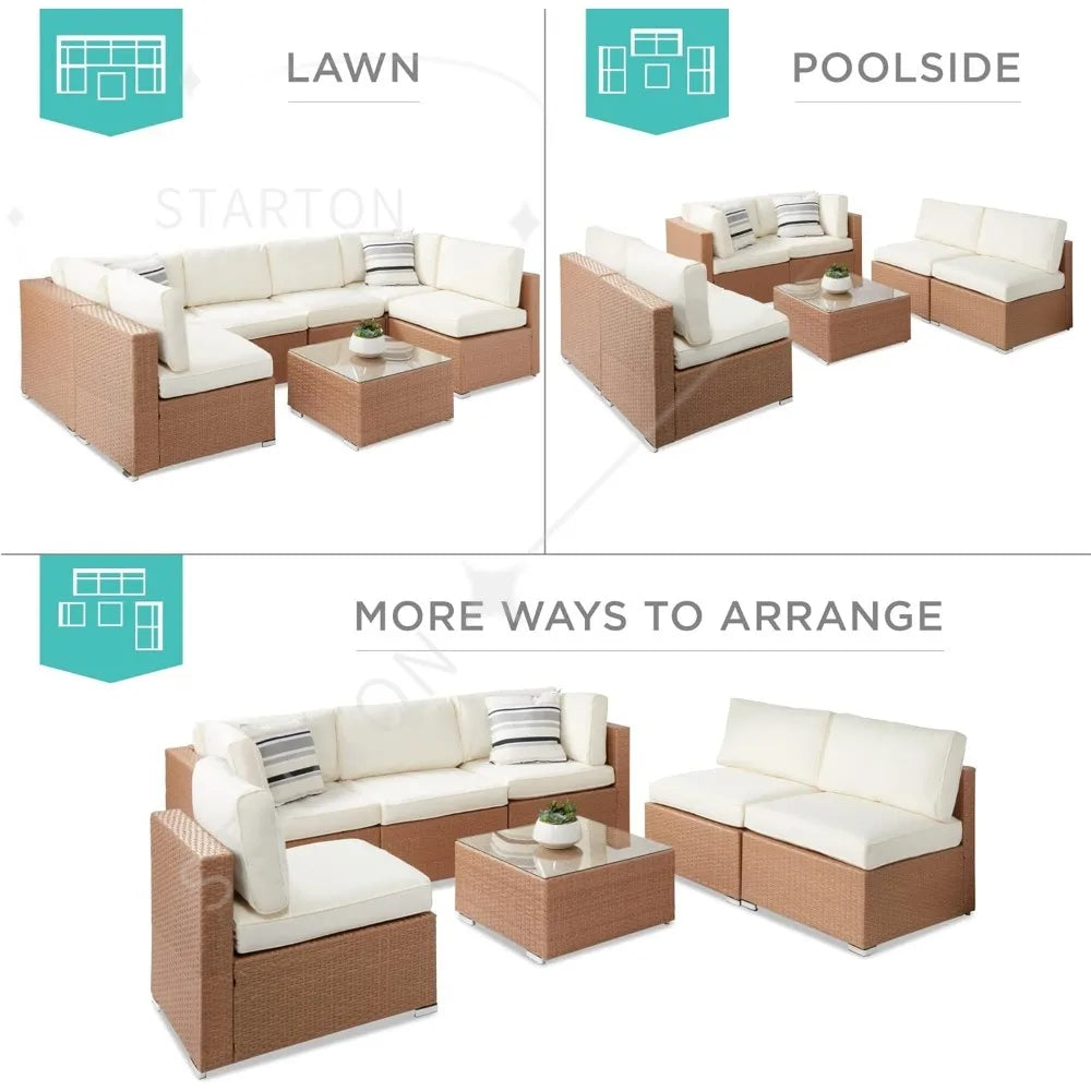 Seven Piece Modular Set, Outdoor Sectional Wicker Patio, Conversation With Two Pillows, Coffee Table Cover Included