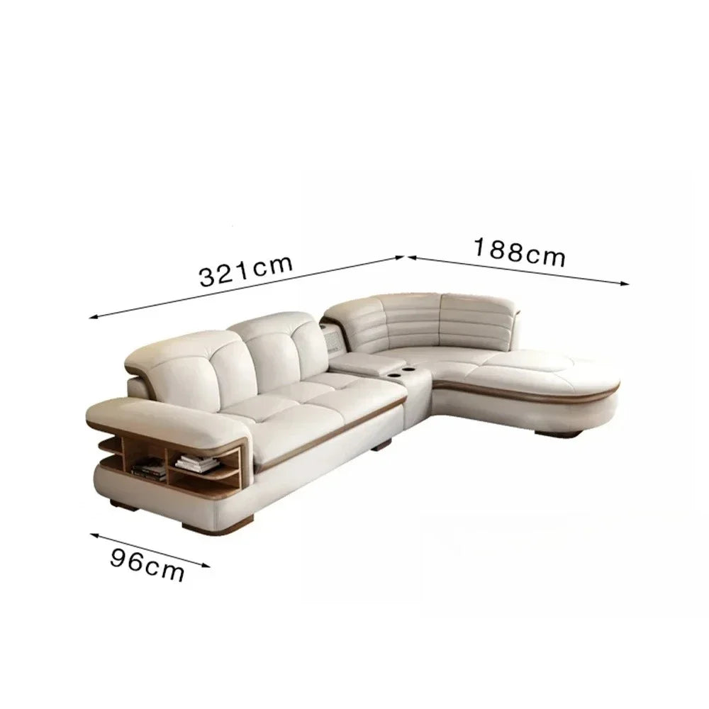 Luxury L-Shaped Genuine Leather Sectional Sofa Sets with USB, Bluetooth Speaker - MINGDIBAO Living Room Italian Leather Couches