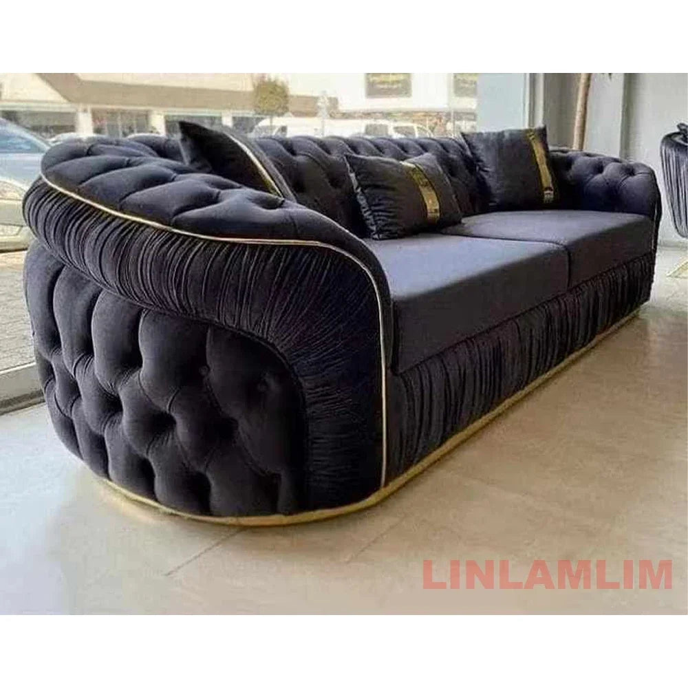 Luxury Chesterfield Sectional Sofa Set with Cloth Buttons and Fabric Modular Couch with Gold Stainless Steel Base, 3-seater Sofa