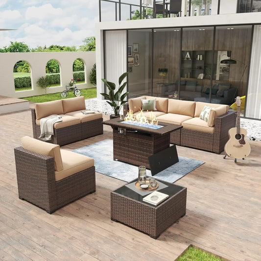 8 Piece Patio Furniture Set with 44” Fire Pit Table Wicker Rattan Outdoor Sectional Sofa Set with Coffee Table and Thickened Cu