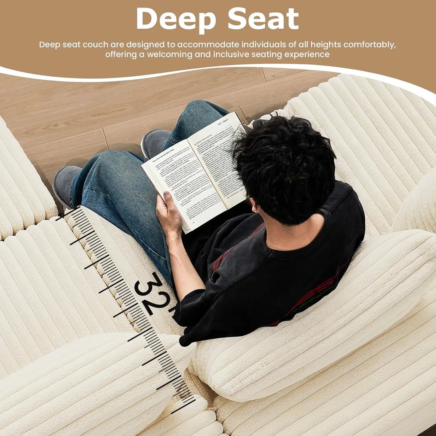 104 Inch Cloud Couch Sectional,Corduroy Boneless Couches For Living Room,L-Shaped Modular Sectional Sofa With Removable Ottoman