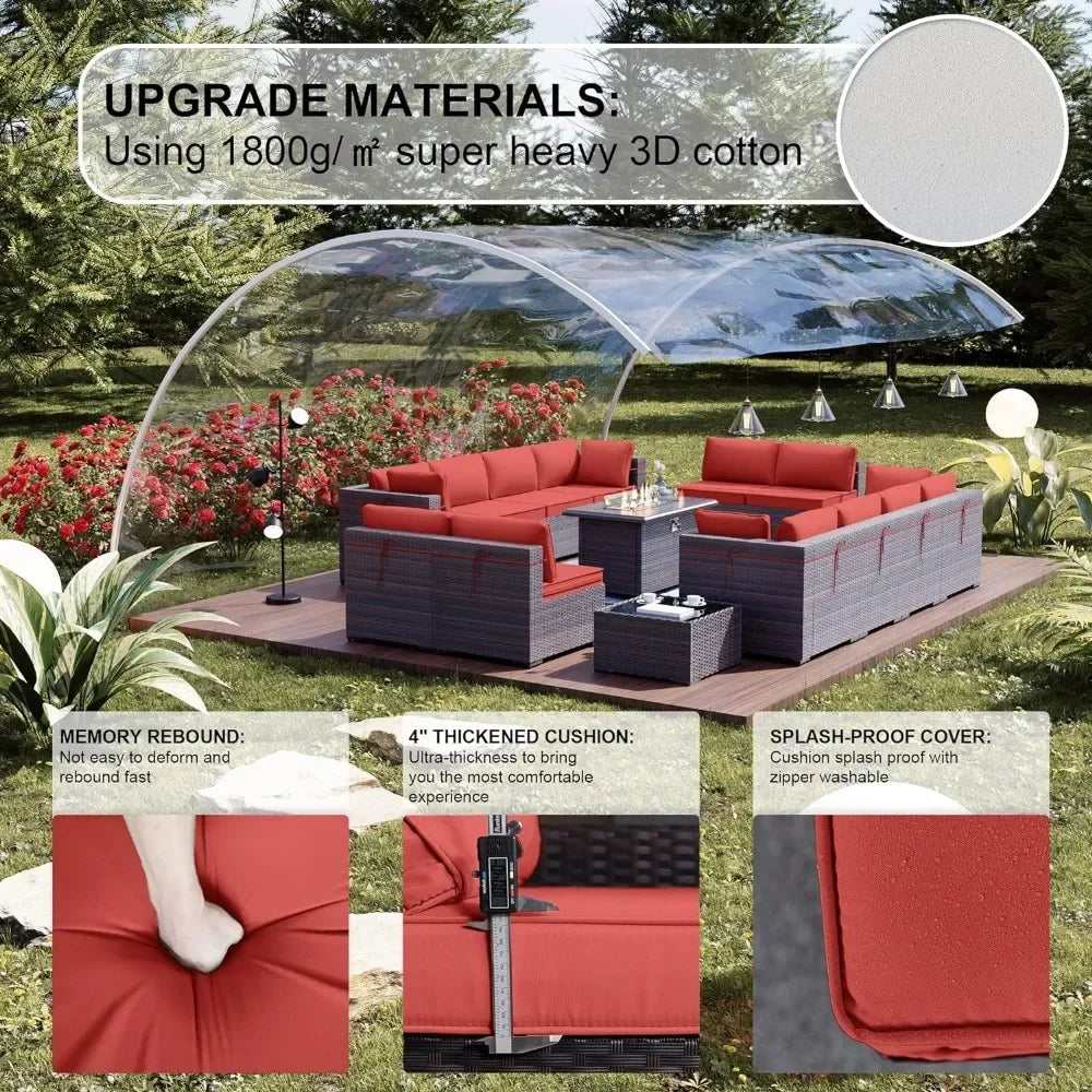 15 Pieces Outdoor Patio Furniture Set with 43" Gas Propane Fire Pit Table PE Wicker Rattan Sectional Sofa Patio Conversation