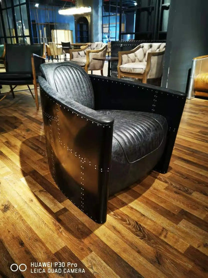 American Vintage Distressed Leather Armchair Hotel Sofa Accent Chair Aluminium Armrest Loft Aviation Chairs Aviation Furniture