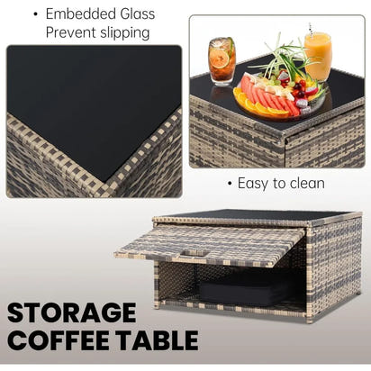 -8 Pieces Outdoor Wicker Rattan Patio Furniture Sectional Set,Glass Top Table Hidden Storage,7 Sofa Sections, Oversized Cushions