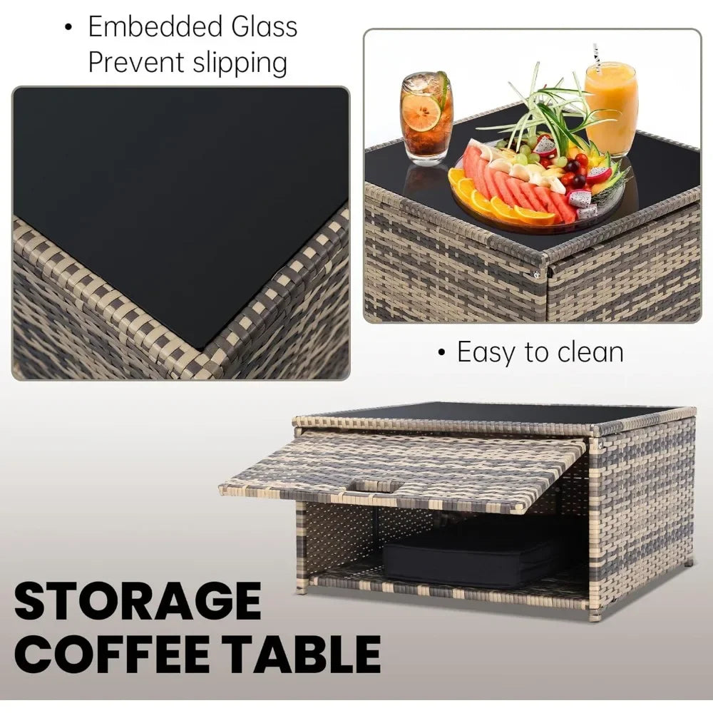 -8 Pieces Outdoor Wicker Rattan Patio Furniture Sectional Set,Glass Top Table Hidden Storage,7 Sofa Sections, Oversized Cushions