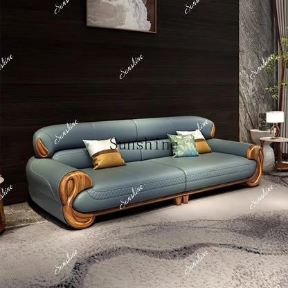 Ebony leather sofa new Chinese modern light luxury high-end small apartment straight row  FT