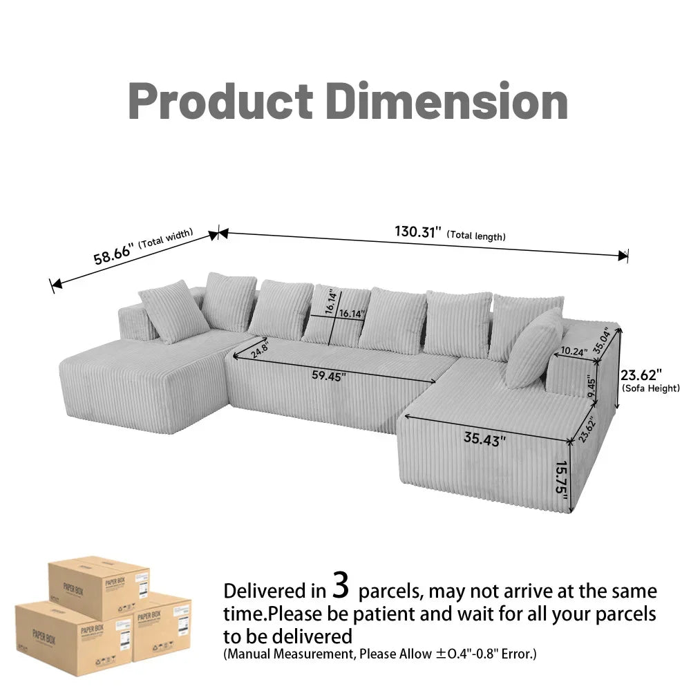 Customizable U-Shaped Sectional Sofa,130-inch 4-Seater Chaise Lounge with Striped Corduroy Fabric  Customizable Living Room or B