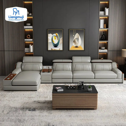 Modern Italian Genuine Leather Sofa for Living Room with Cup Holder, USB, Adjustable Headrests & Bluetooth Speaker - Linlamlim
