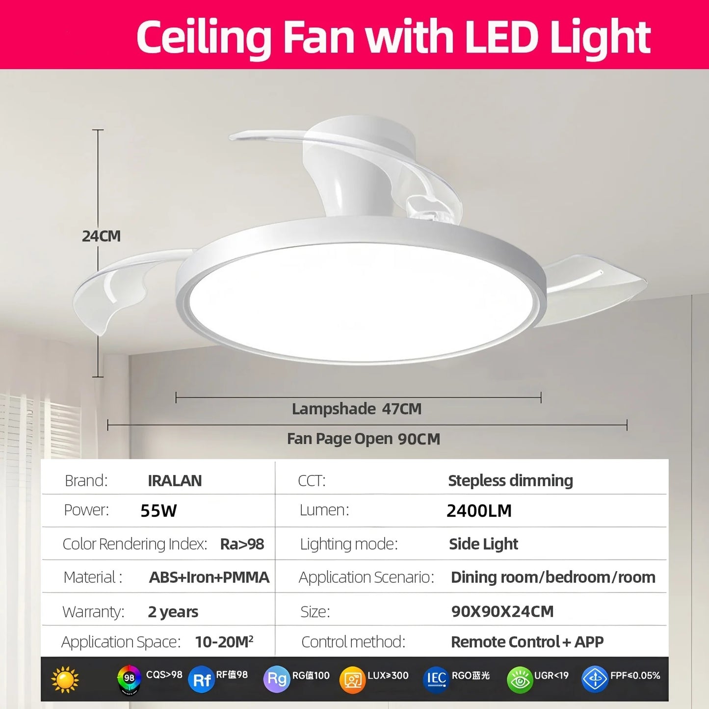 Modern Ceiling Fan Sealing Fan Led Lighting Silent Invisible Blade Lamps Suitable for Living Room Dining Room Study Kitchen