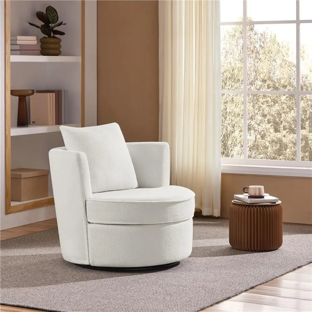 Swivel Accent Chair, 360 Degree Soft Boucle Swivel Barrel Chair, Upholstered Round Armchair with Pillow, Teddy Sofa Sherpa Chair