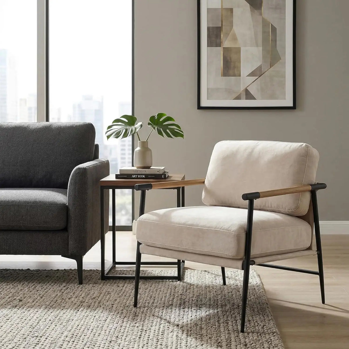 Beige Chenille Accent Chair Modern Living Room Chair with Metal Legs Armchair Lounge Chairs Upholstered Comfy, Customized