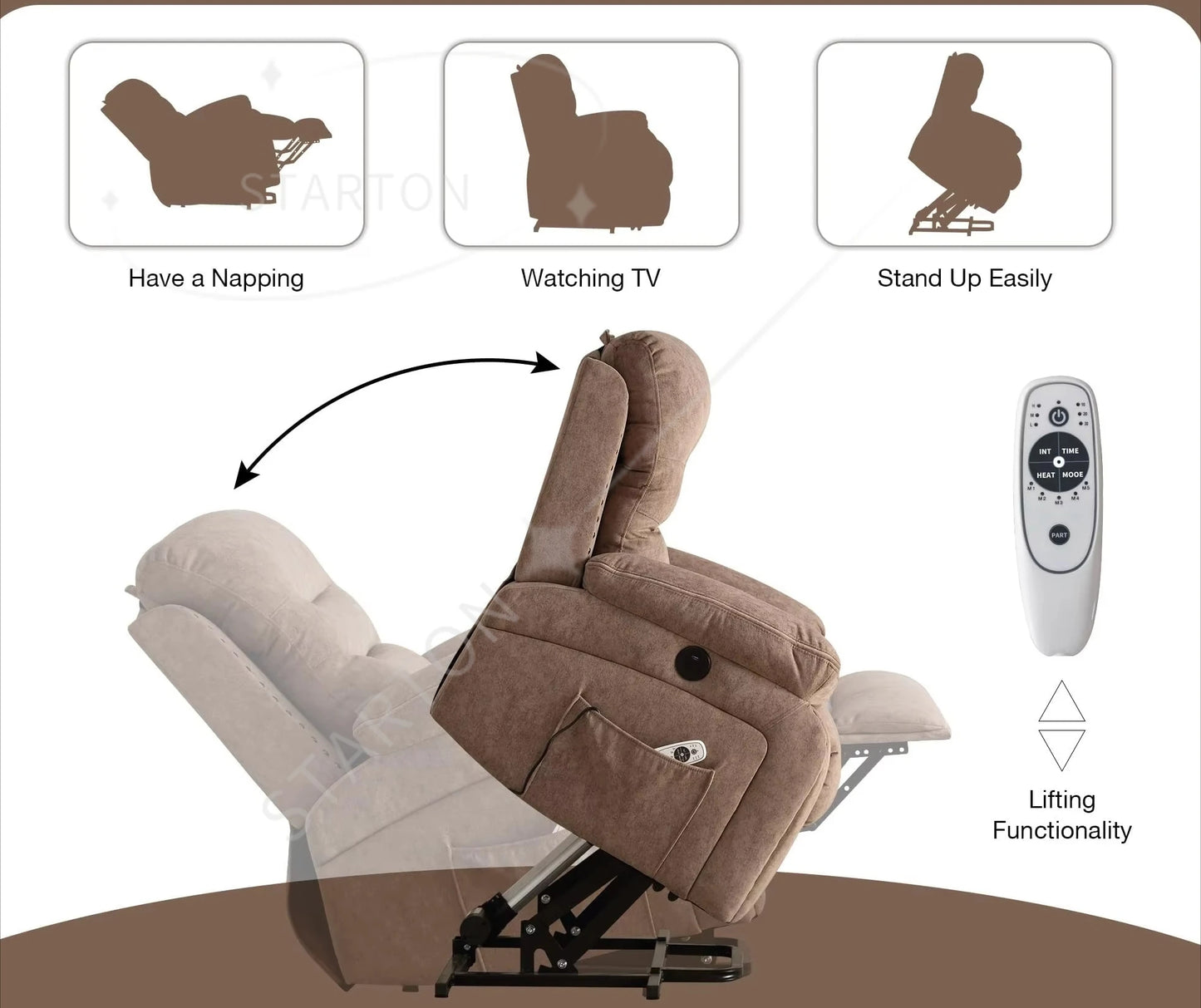 Power Lift Chair for Elderly USB Charging Remote Control Recliner Heat Massage Lay Flat Feature Extendable Fabric