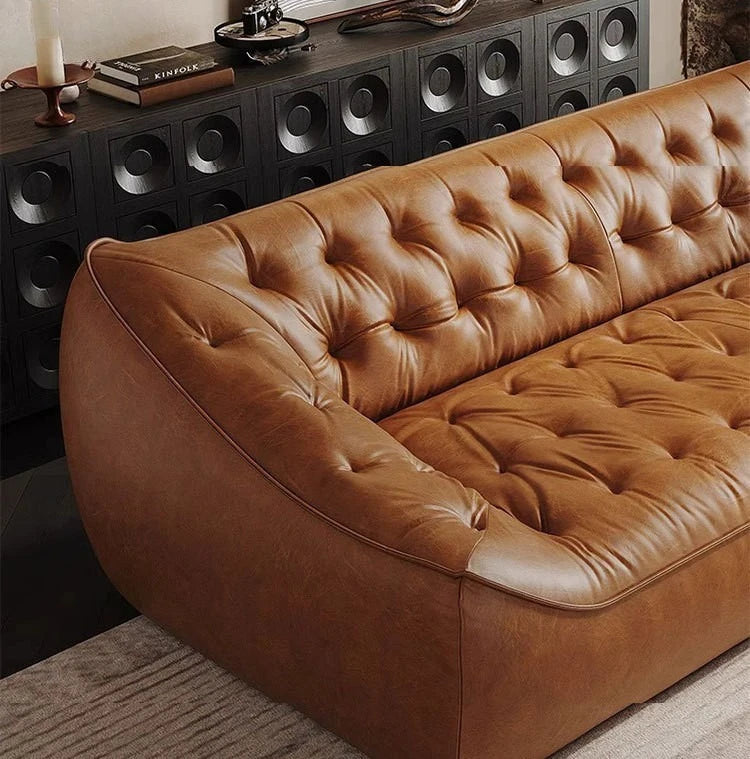 Leather sofa, small apartment living room straight row cowhide sofa
