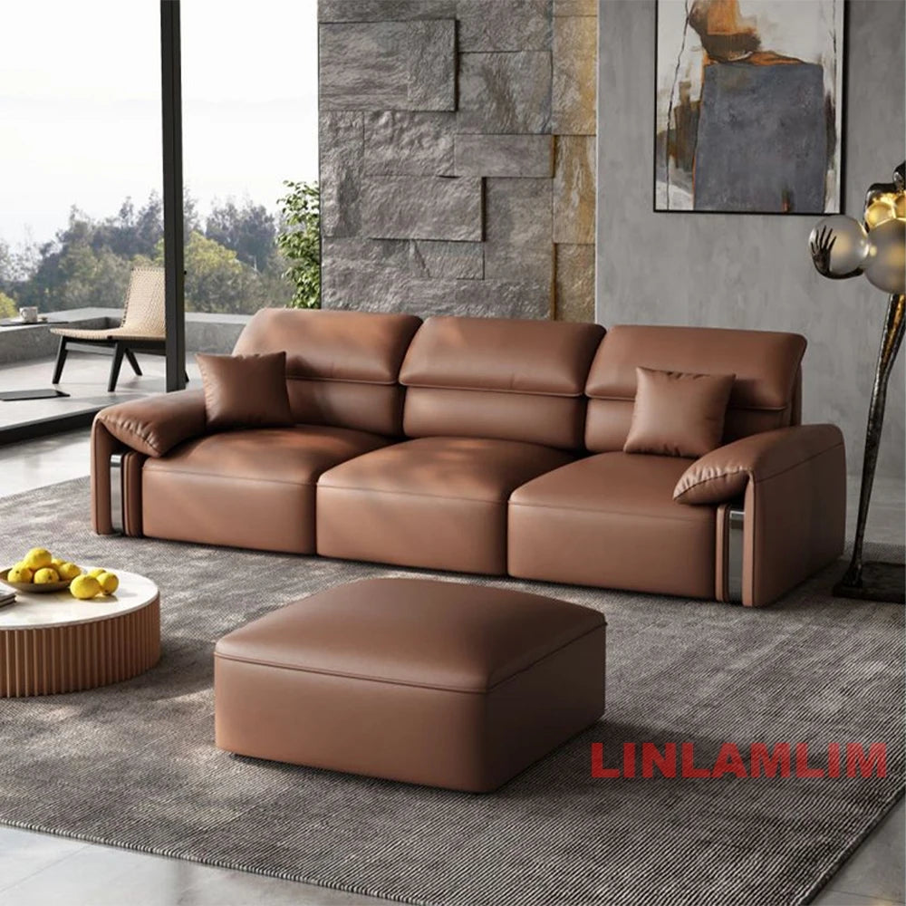Modern Convertible Genuine Leather Sofa Bed – Multi-functional Electric Sleeper Couch with Adjustable Seats & Wide Chaise Lounge