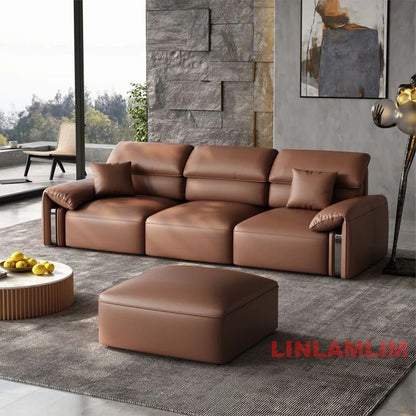 Modern Convertible Genuine Leather Sofa Bed – Multi-functional Electric Sleeper Couch with Adjustable Seats & Wide Chaise Lounge