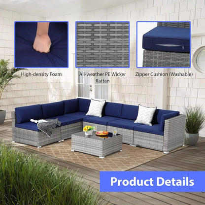 Wonder Comfort 7 Pieces Patio Furniture Set, Outdoor Sectional Conversation Wicker Rattan Sofa Couch