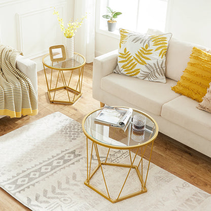 HOOBRO Coffee Table Set of 2 Round Coffee End Table with Metal Frame Glass Top Gold Side Table for Living Room and Balcony