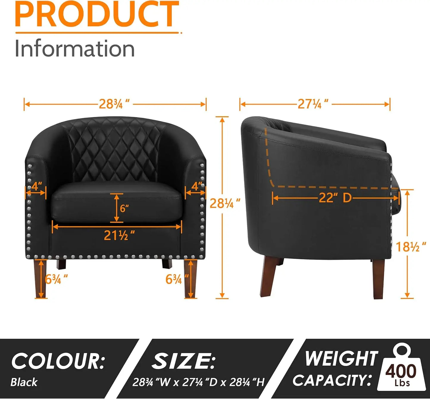 Barrel Chair Set of 2, Comfy Accent Chair, Faux Leather Living Room Chairs Club Chair with Cushion, Nailhead Trim, Black