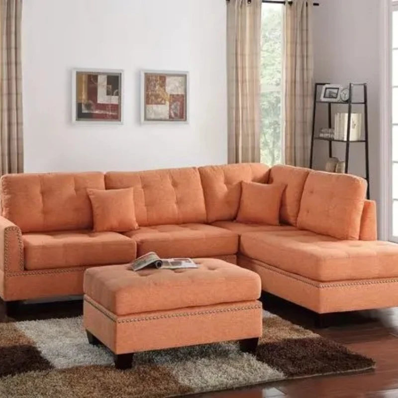 3pcs Modern Citrus Sectional Couch Sofa Leather Reversible Ottoman Chaise Linen Tufted Polyfiber Adhd Armchairs Bean Bag Bed